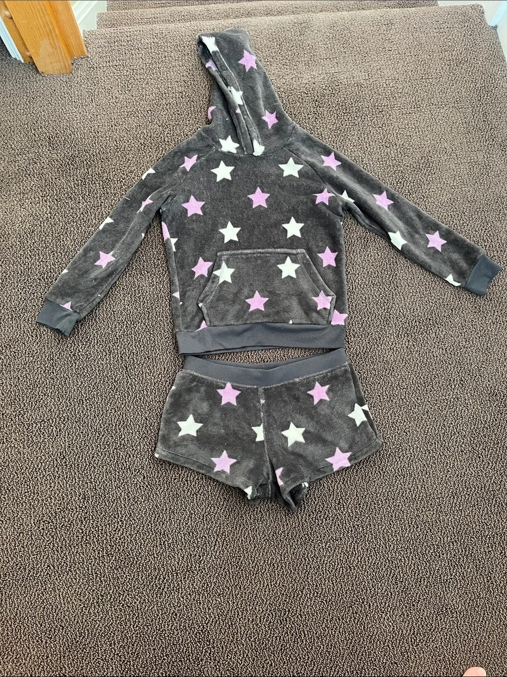 PJ Salvage Kids’ Fleece Star Hoodie & Shorts Set - Gray with Stars, Size XL/16